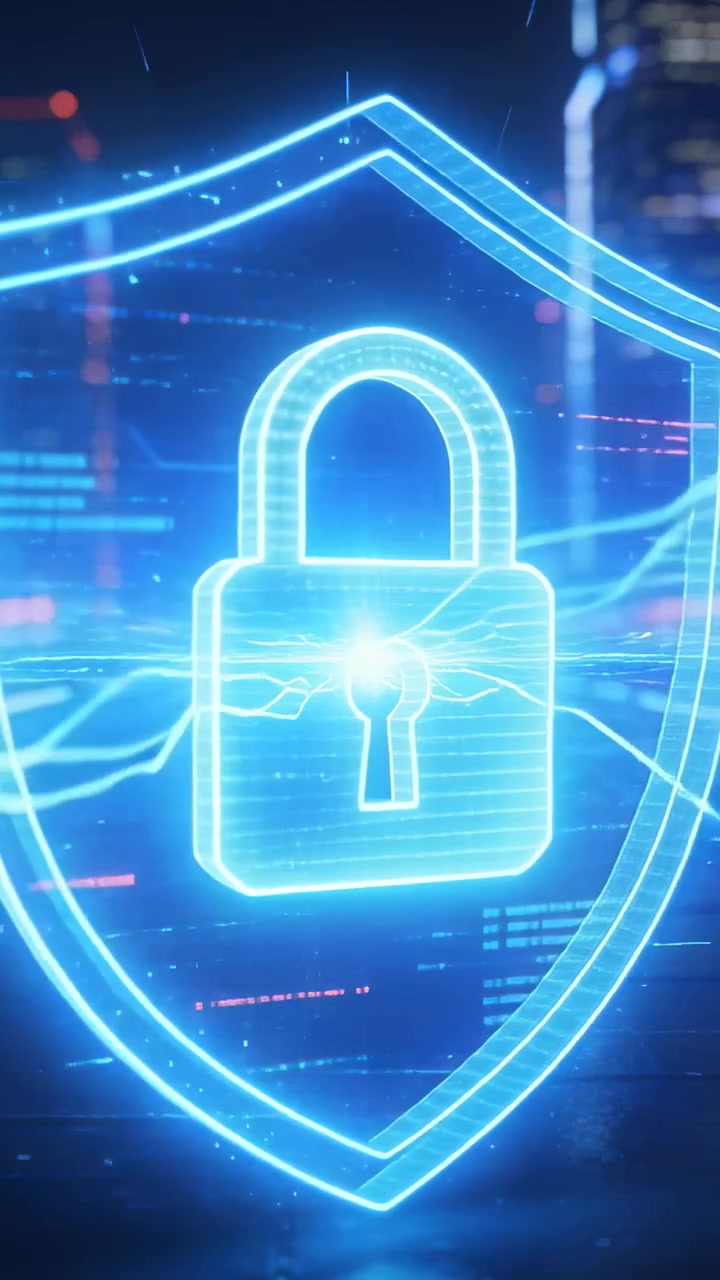 Video verticale: Attivazione di uno scudo blu neon che si inclina, scansione di un lucchetto su un tetto bagnato, protezione dei dati
