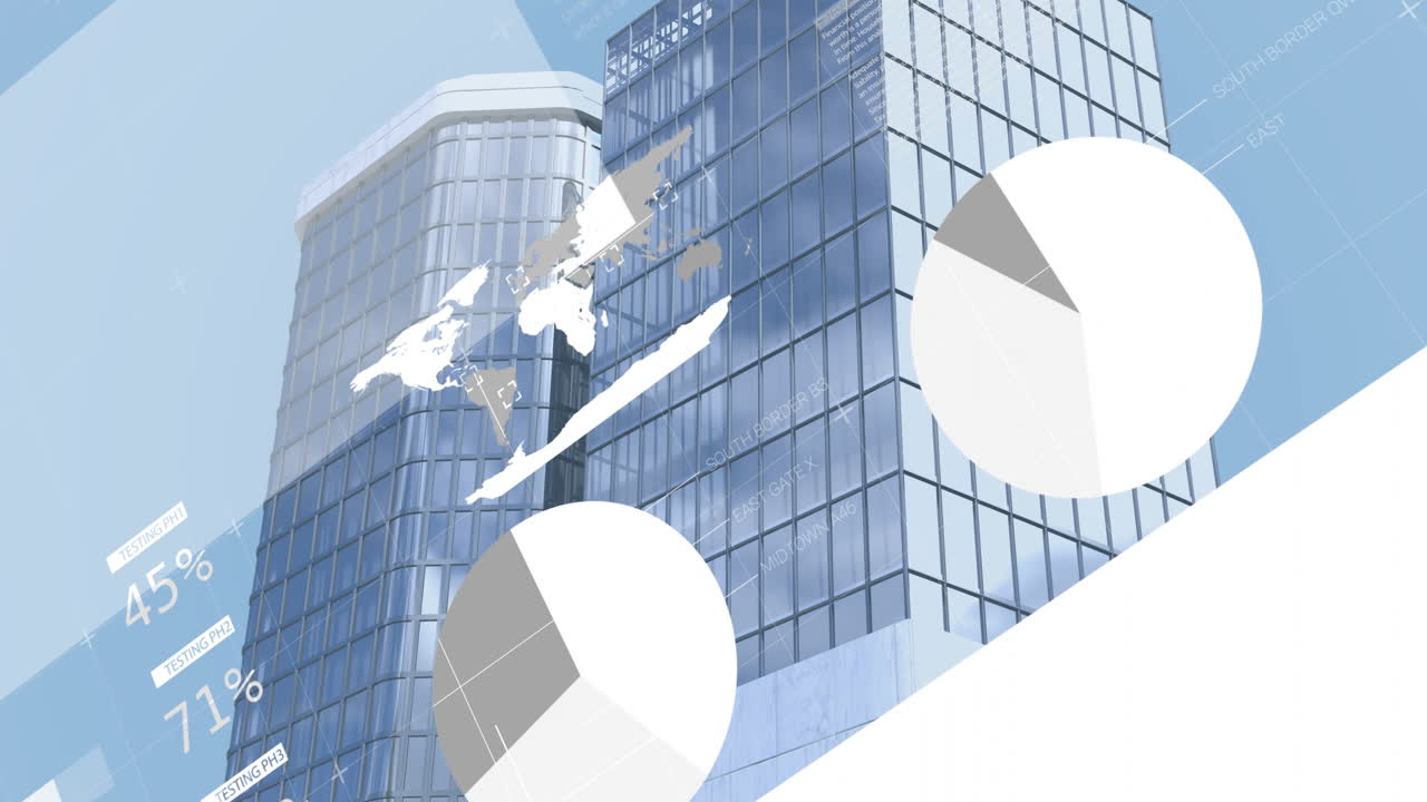 도시 풍경 위의 금융 데이터 처리 애니메이션