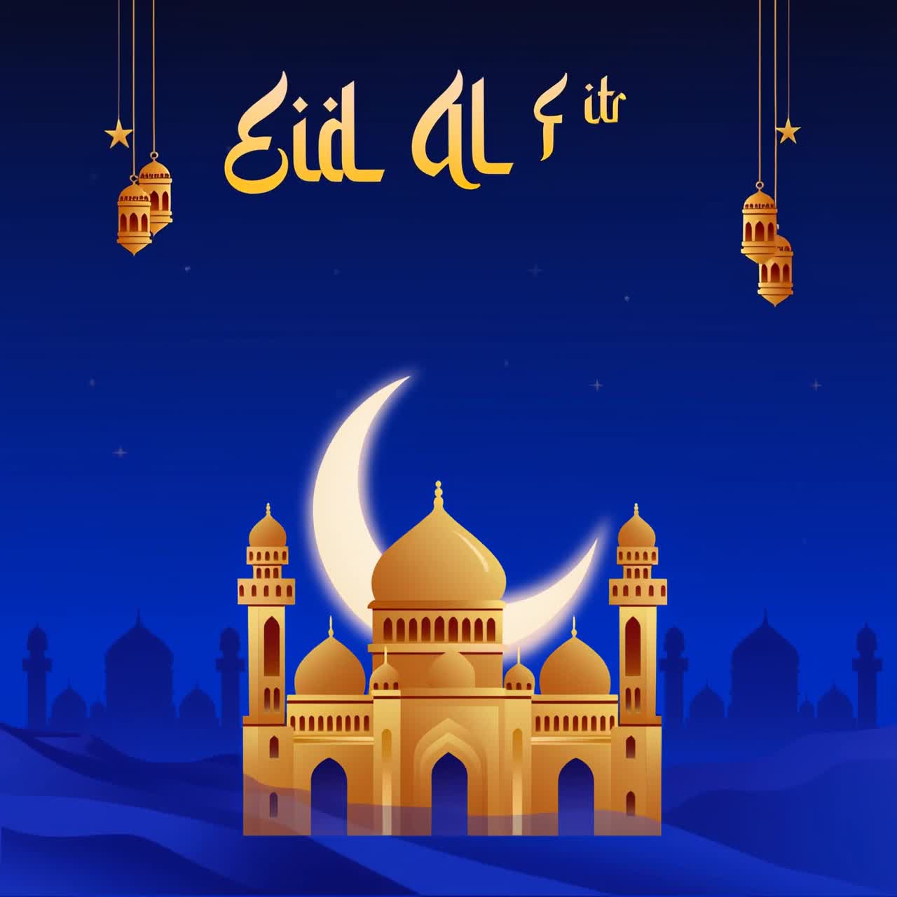 Animazione di auguri per Eid al-Fitr, moschea dorata, luna crescente, lanterne appese, sfondo con gradiente blu