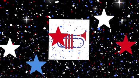 Animation-of-stars-over-trumpet-in-red-and-blue-colours-of-flag-of-united-states-of-america
