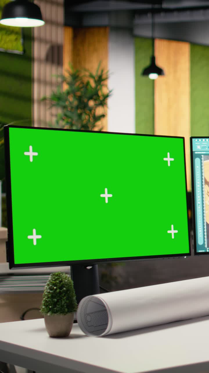 Vertical Video Developer in a corporate workspace analyzing master plans with mockup screen