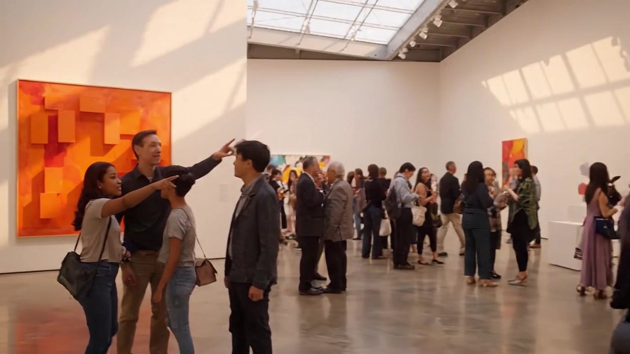Exposição de Galeria de Arte Apresentando Pinturas Abstratas Coloridas Com Visitantes Envolvidos na Experiência Artística e Desfrutando da Atmosfera Criativa