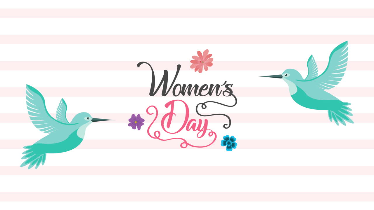 feliz tarjeta de día de la mujer con pájaros y letras