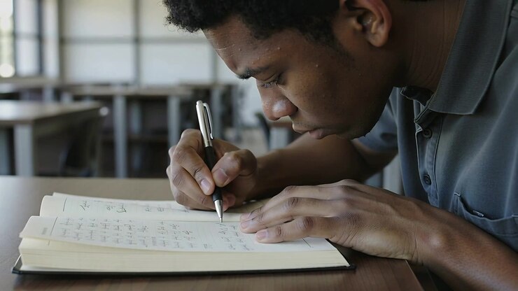 Writing student in polo starting class, leaning forward doing work in notebook with metal pen