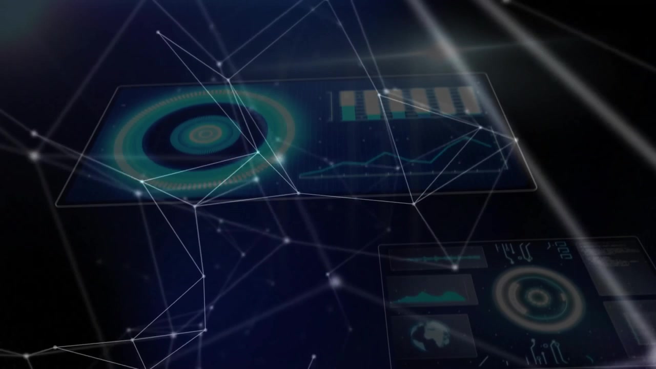 Opening with glowing nodes drifting and pulsing, 3D panels appearing, aligning, visualizing network