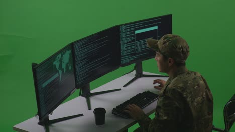 vista laterale di annoiato uomo asiatico soldato sviluppatore scrivere codice con più schermi di computer in green screen studio
