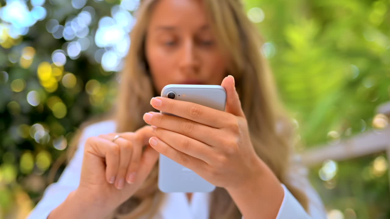Kobieta przegląda coś na telefonie na tarasie