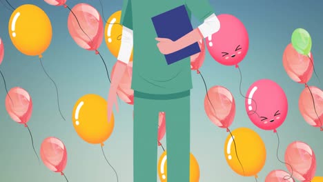 Animation-of-female-doctor-wearing-face-mask-over-balloons