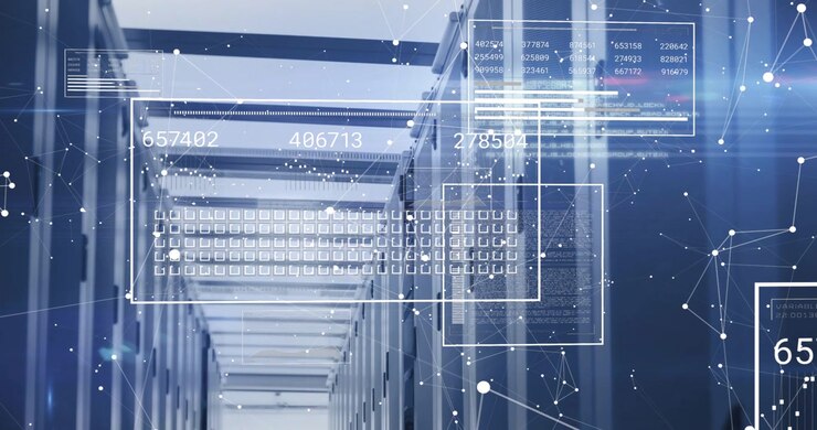 Corridor shot launching floating translucent UI panels animating numeric readouts showing live data