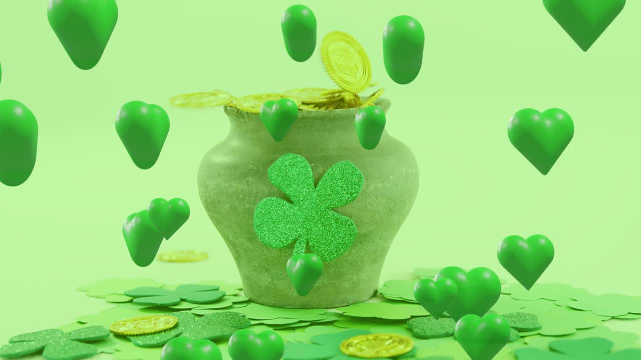 Animation of st patrick's day shamrock and green hearts with jar with gold coins on green background