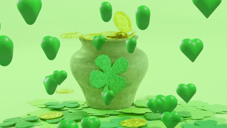 animation of st patrick's day shamrock and green hearts with jar with gold coins on green background