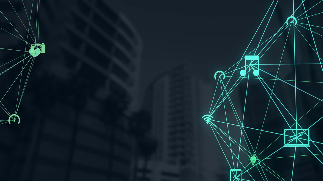 Globe of digital icons against tall buildings