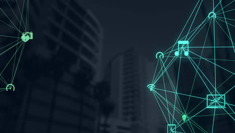 globe of digital icons against tall buildings