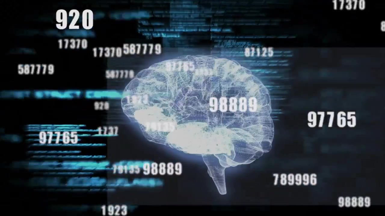 Opening with wireframe brain materializing while data overlays swirling teal-blue code showing data