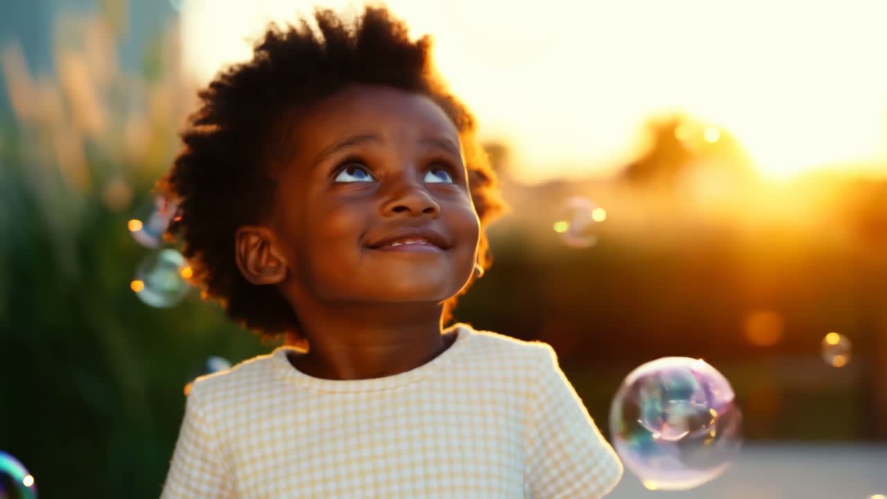 Black Toddler Sunset Bubbles Smiling Wonder, Golden Backlight, Backyard Grass, Soap Bubbles Drifting, Curious