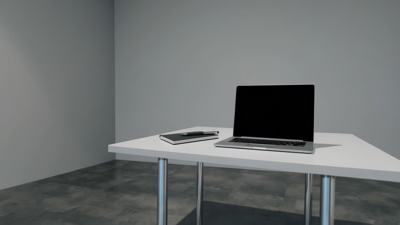 Empty Office Workspace with Laptop and Notebook