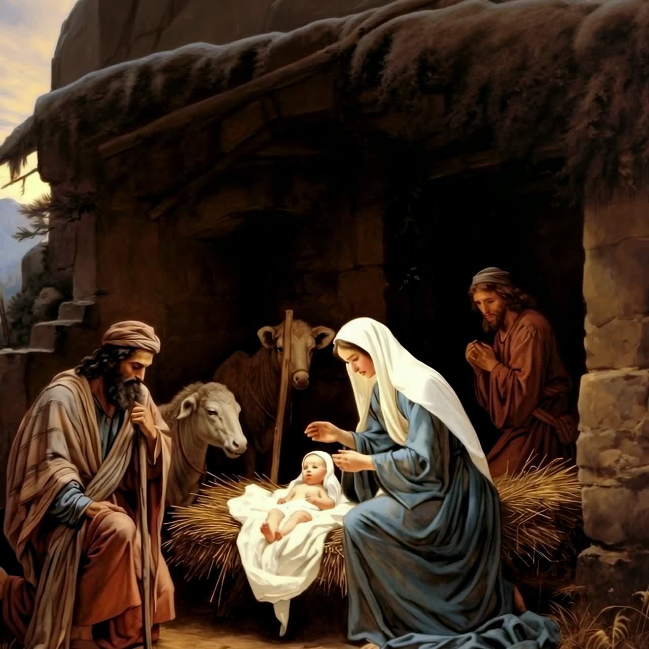 Una serena scena della natività catturata da un angolo basso, che mette in risalto la sacra famiglia e gli animali