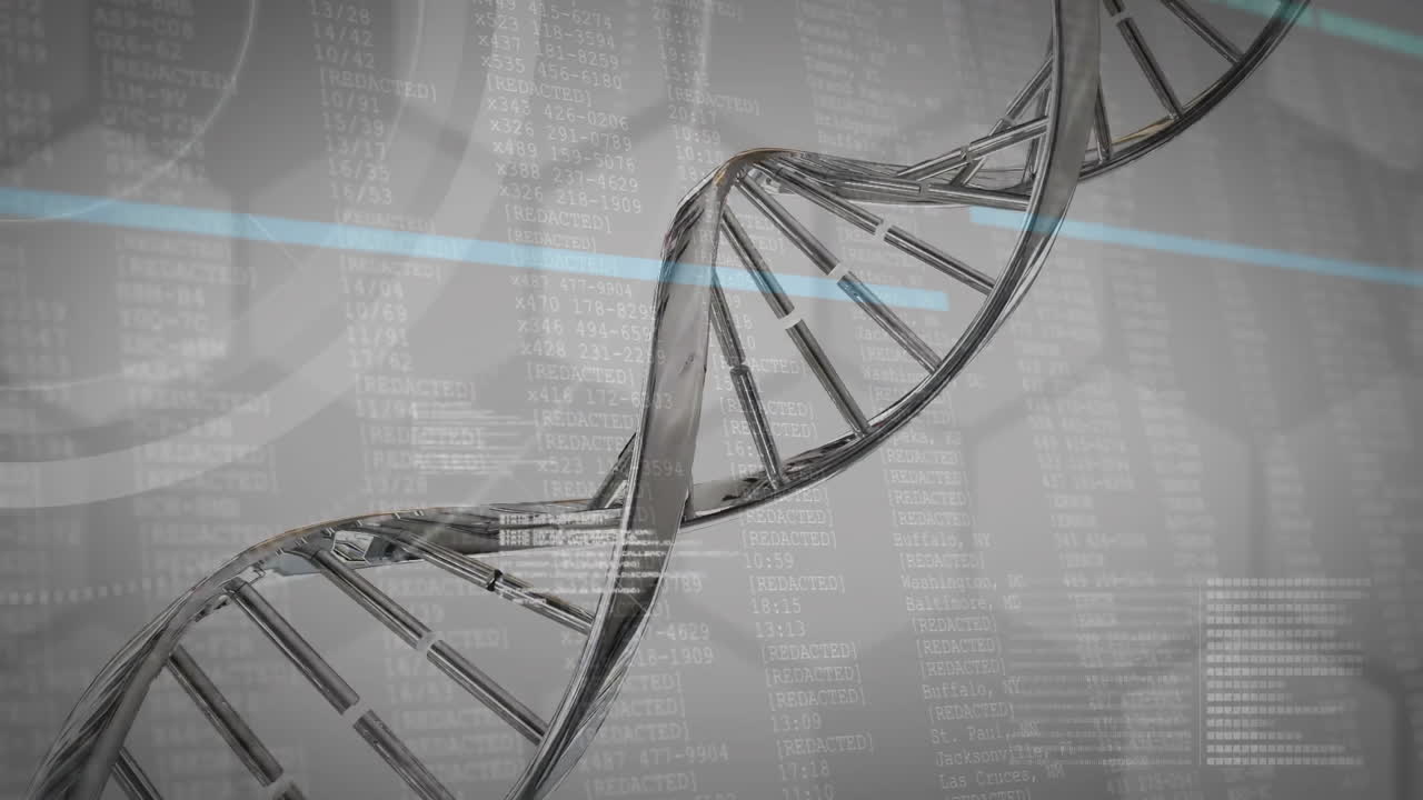 DNA strand animation over scientific data and coding background