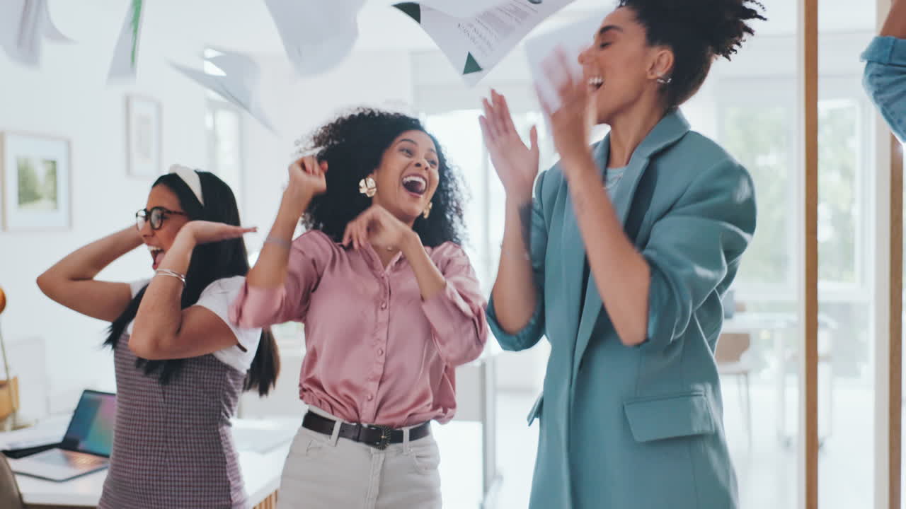 Corporate woman group, paper in air