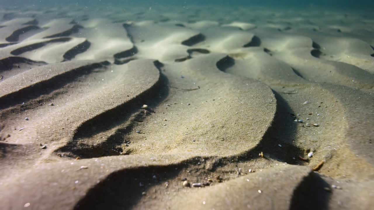 Panning camera starting forward pan over shallow seabed ripples, revealing shell fragments