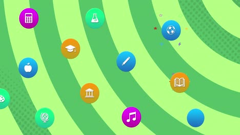 Animation-of-colorful-icons-over-green-lines-on-green-background