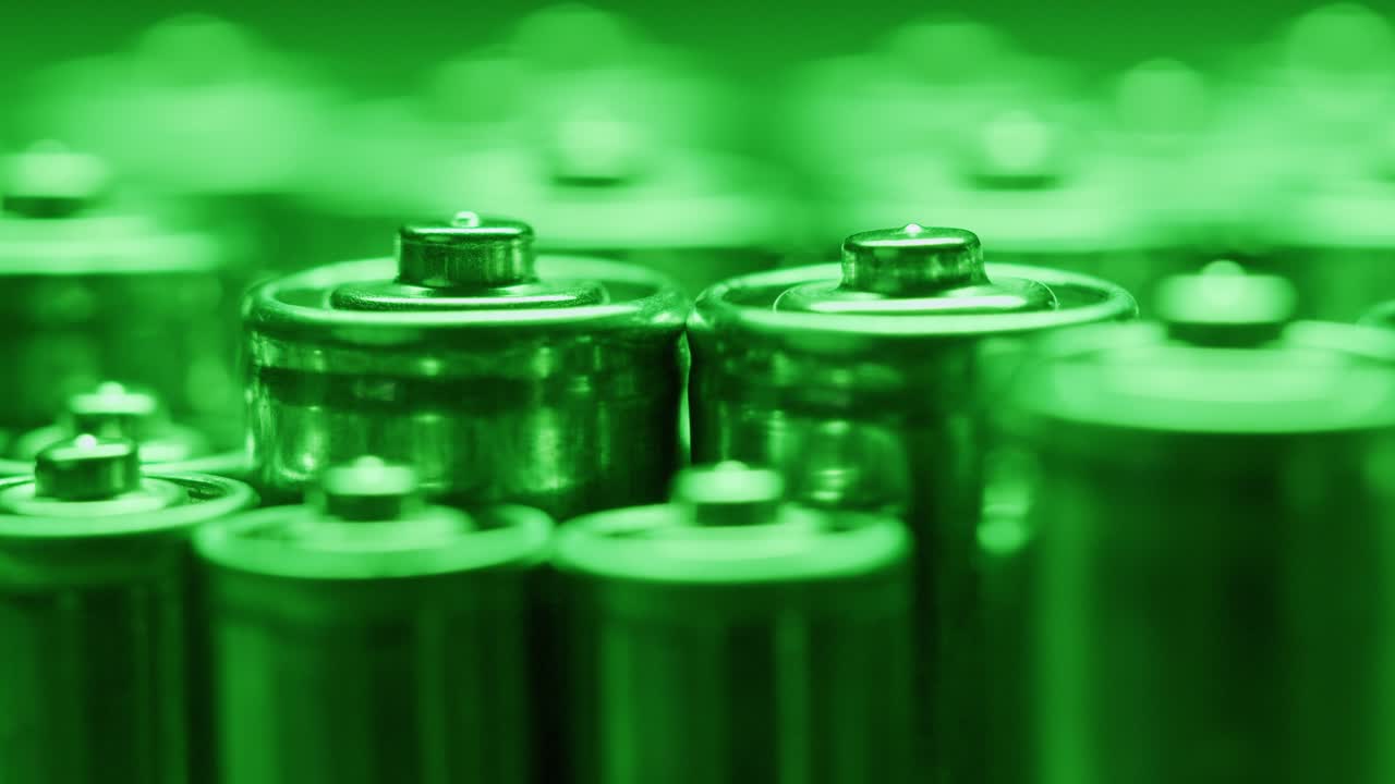 Silver batteries AA and AAA in neon light close-up. Double-A battery is a standard size single cell cylindrical dry battery. Batteries are common in portable electronic devices. An AA battery is composed of a single electrochemical cell that may be either a primary battery or a rechargeable battery.