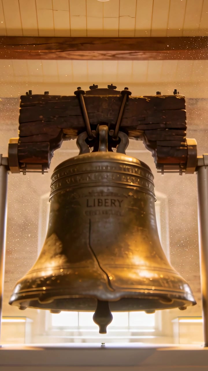 Video verticale: Telecamera che panoramica rivelando una campana di bronzo in una galleria museale, mostrando la crepa LIBERTY.