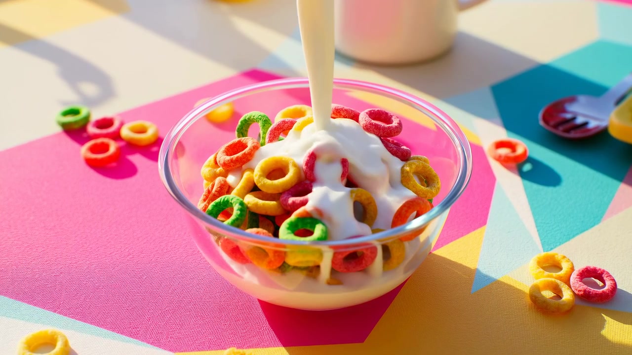 Vista ravvicinata mostra il latte che scorre in una ciotola di vetro trasparente piena di cereali ad anello multicolori, creando schizzi, riflessi tenui e parziale immersione su un vivace piano del tavolo geometrico con colori vivaci e giocosi
