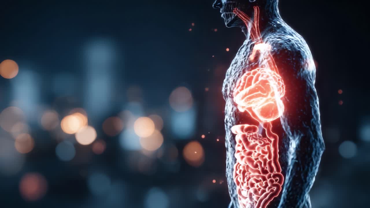 Exploring Human Anatomy: A Detailed Visualization of the Brain, Heart, and Digestive System in a Glowing, Semi-Transparent Human Figure Against a Dynamic Background