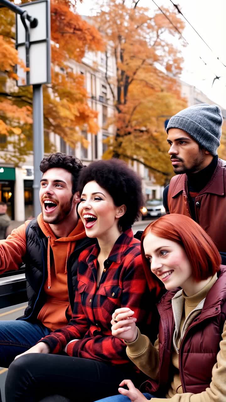 Diverse friends enjoying a city tour on a tourist bus.