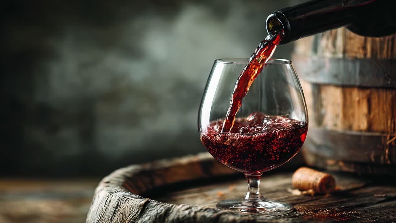 Un momento accattivante in cui del vino viene versato in un bicchiere: un ricco vino rosso intenso servito da una bottiglia con un'elegante presentazione su una botte rustica