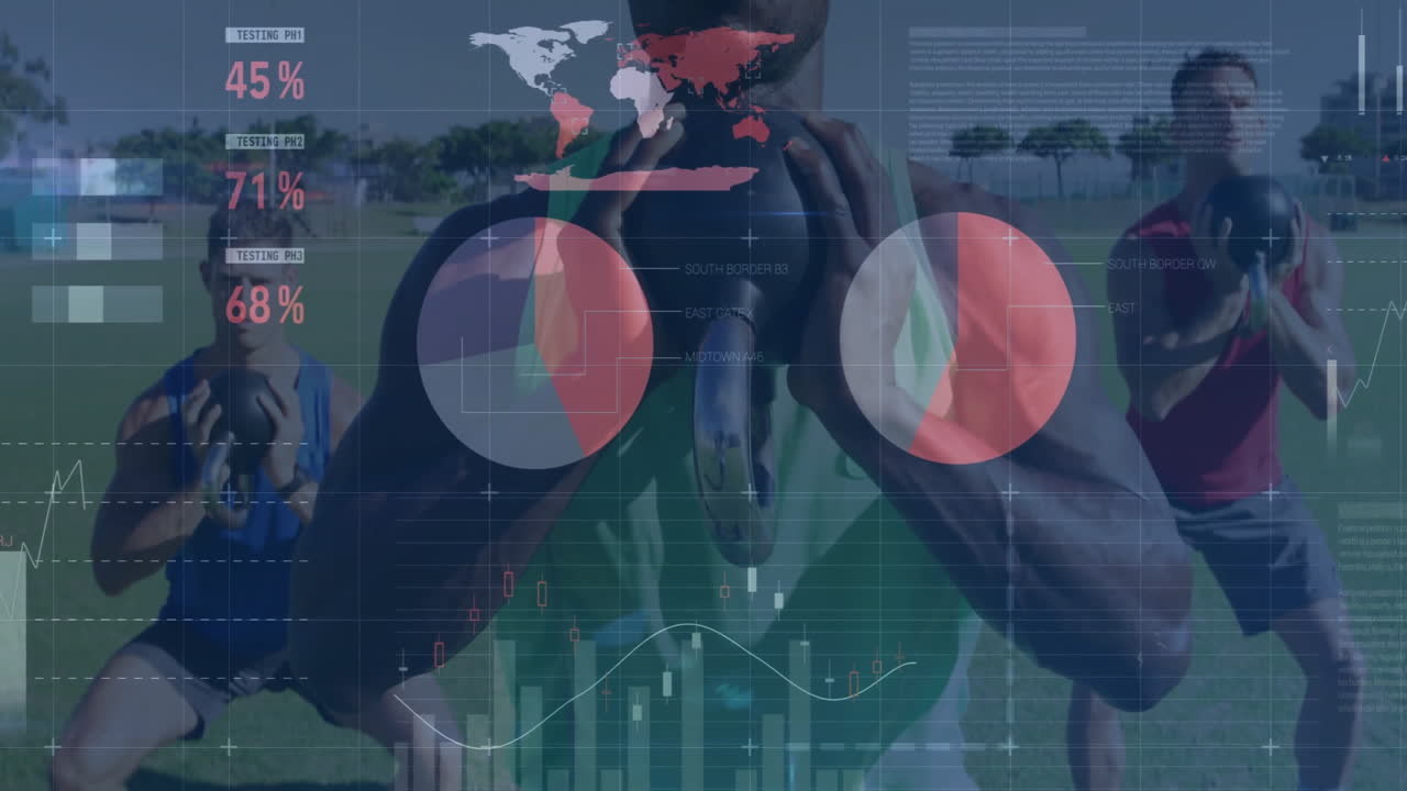 Men holding kettlebells squatting on grassy field, displaying fitness stats with overlay charts