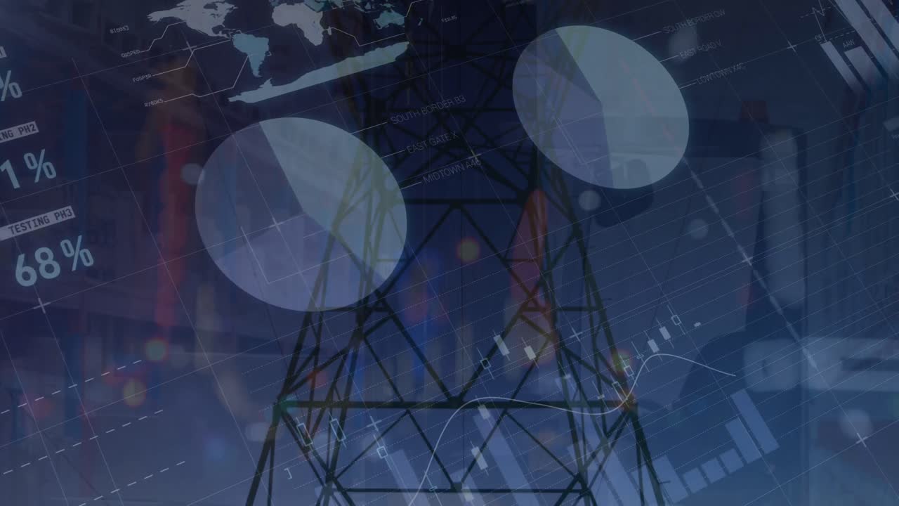 animación de gráficos y datos sobre fiend con el poste de electricidad al anochecer
