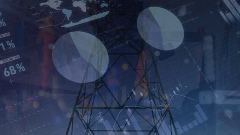 animation of graphs and data over fiend with electricity pole at dusk