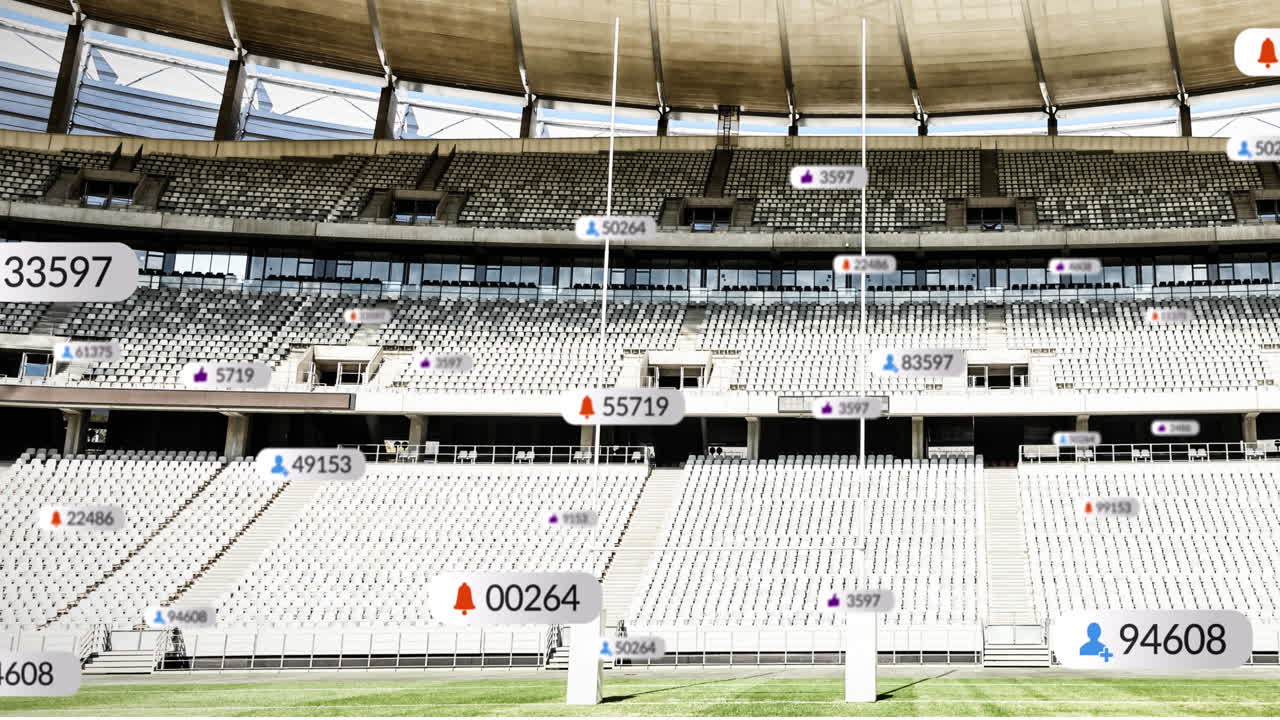 animación de iconos de las redes sociales flotando contra el estadio de deportes de rugby