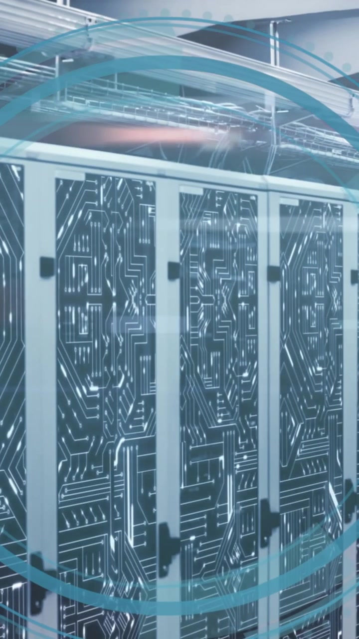 Animation of round scanner with copy space and microprocessor connections against server room