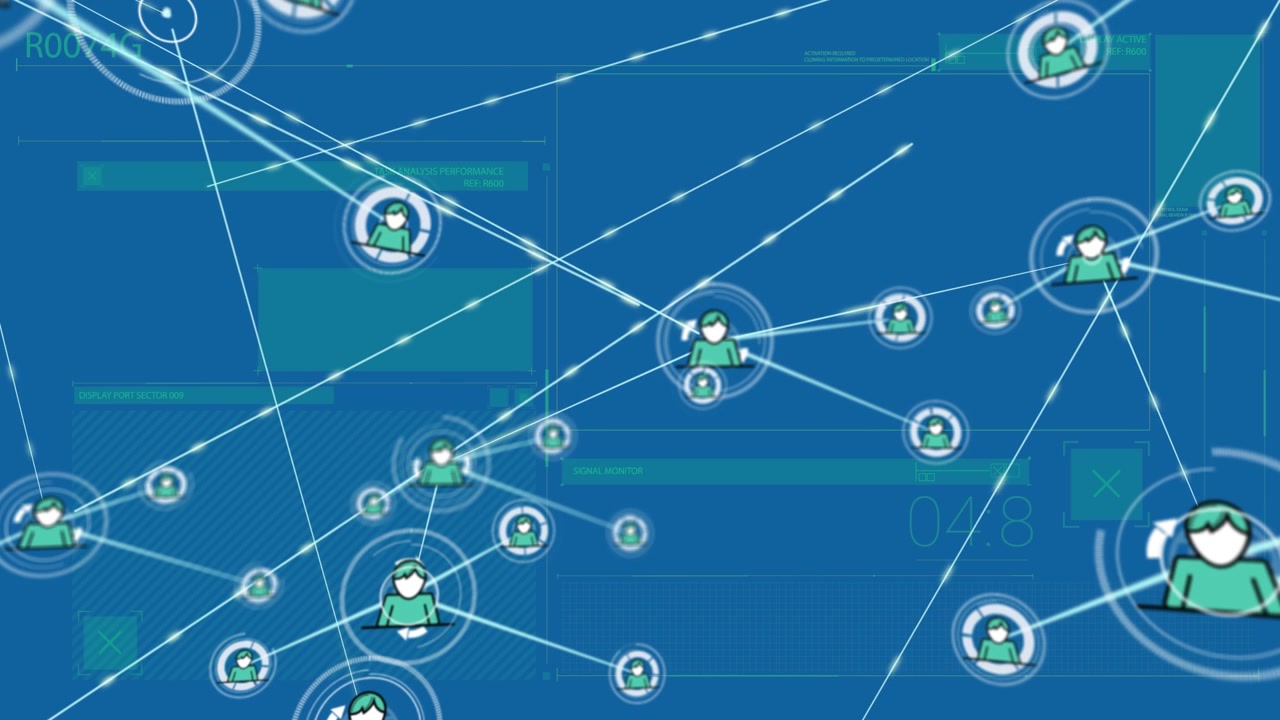Animation of network of connections with icons over data processing on blue background