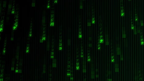 animation of green binary coding data processing over black background