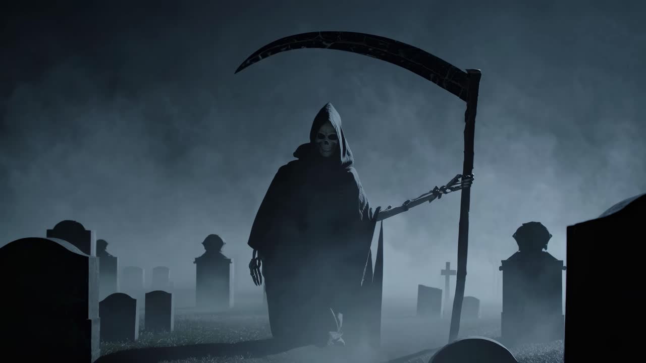 Eerie video scene of a hooded figure with a scythe in a foggy graveyard