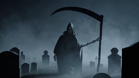 eerie video scene of a hooded figure with a scythe in a foggy graveyard
