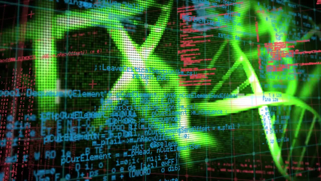 animación de cadenas de adn girando y procesamiento de datos médicos