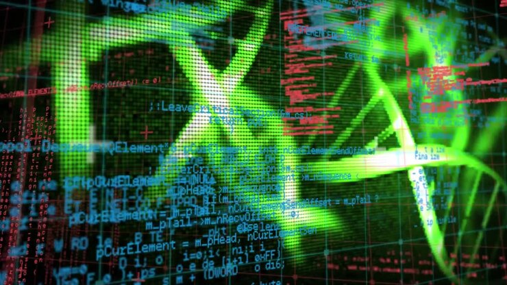 Animation af roterende DNA-strenge og medicinsk databehandling.