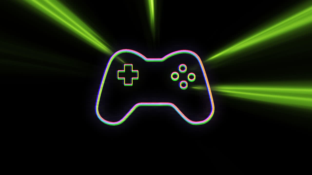 animazione di pad di videogiochi con tracce di luce al neon su sfondo nero