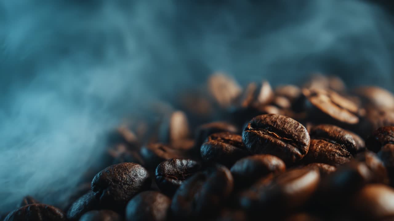 Aromatiske kaffebønner med omsluttende damp: Et fortryllende syn af ristede bønner omgivet af hvisken om kulinarisk nydelse og indbydende varme.