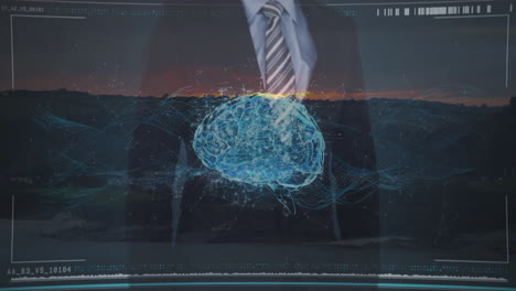 business person with digital brain animation over sunset landscape background
