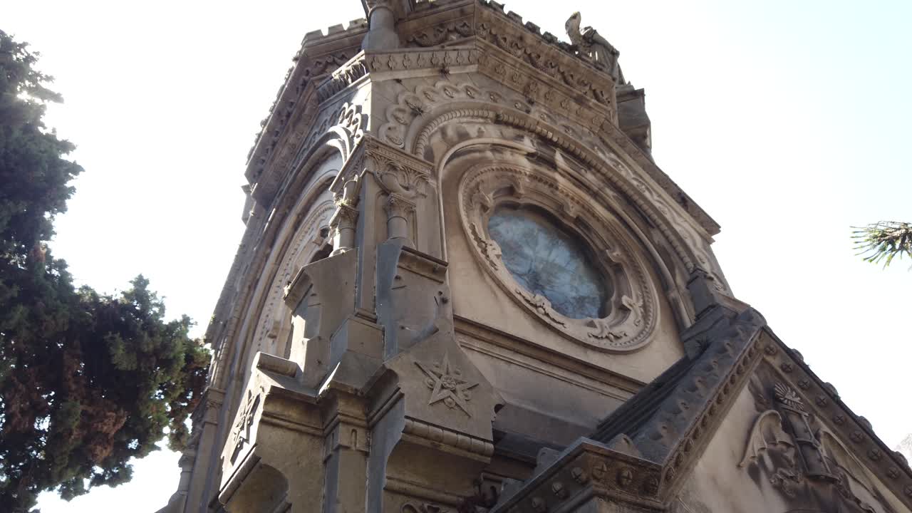 Low angle view of Cemetery Tower Neo gothic construction of tombs