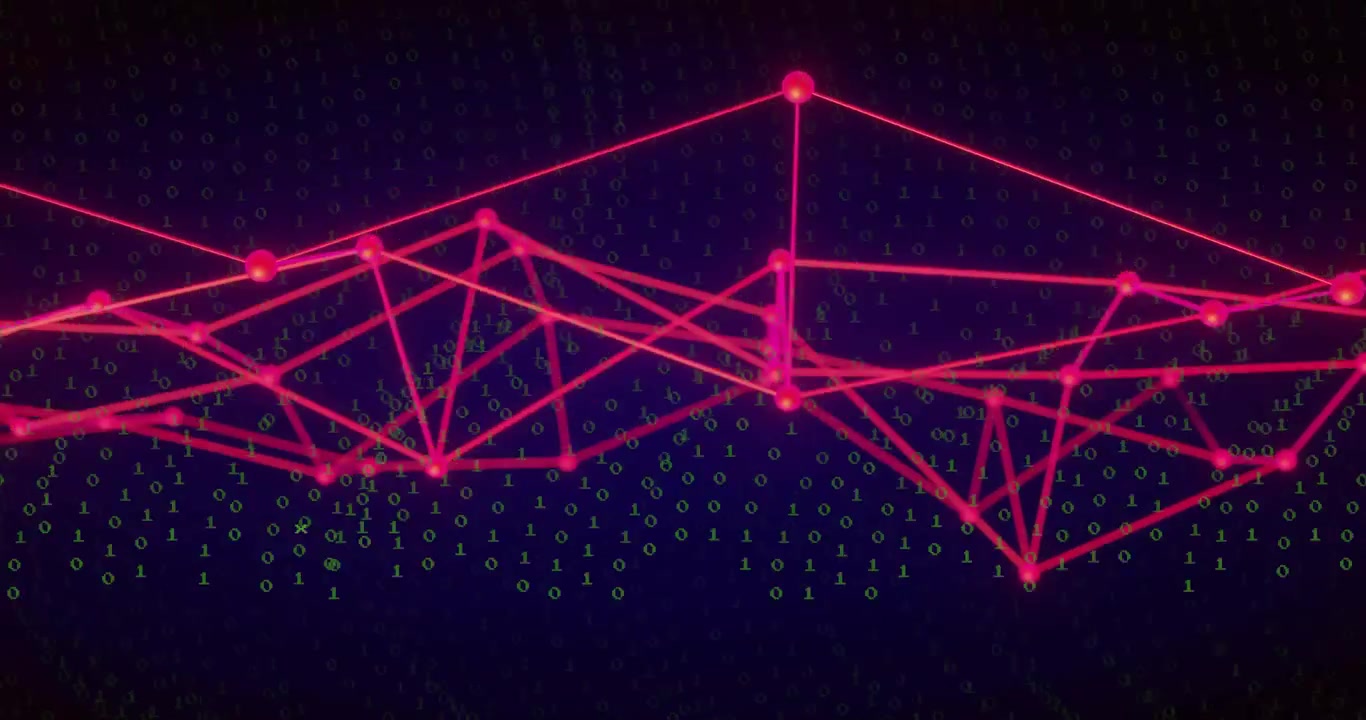 Upon playback start, glowing red network undulating peaks to visualize data flow over code backdrop