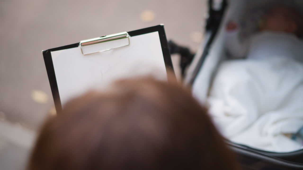 Woman sketching baby outline beside stroller, pencil strokes on clipboard paper, soft focus on bassinet and pavement leaves, intimate creative moment, quiet motherhood reflection and lifestyle art