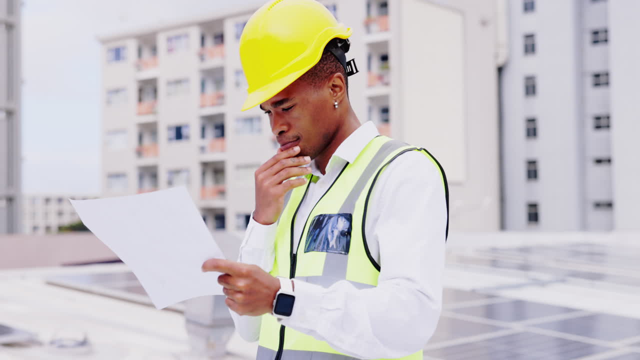Thinking, solar panels or black man with blueprint