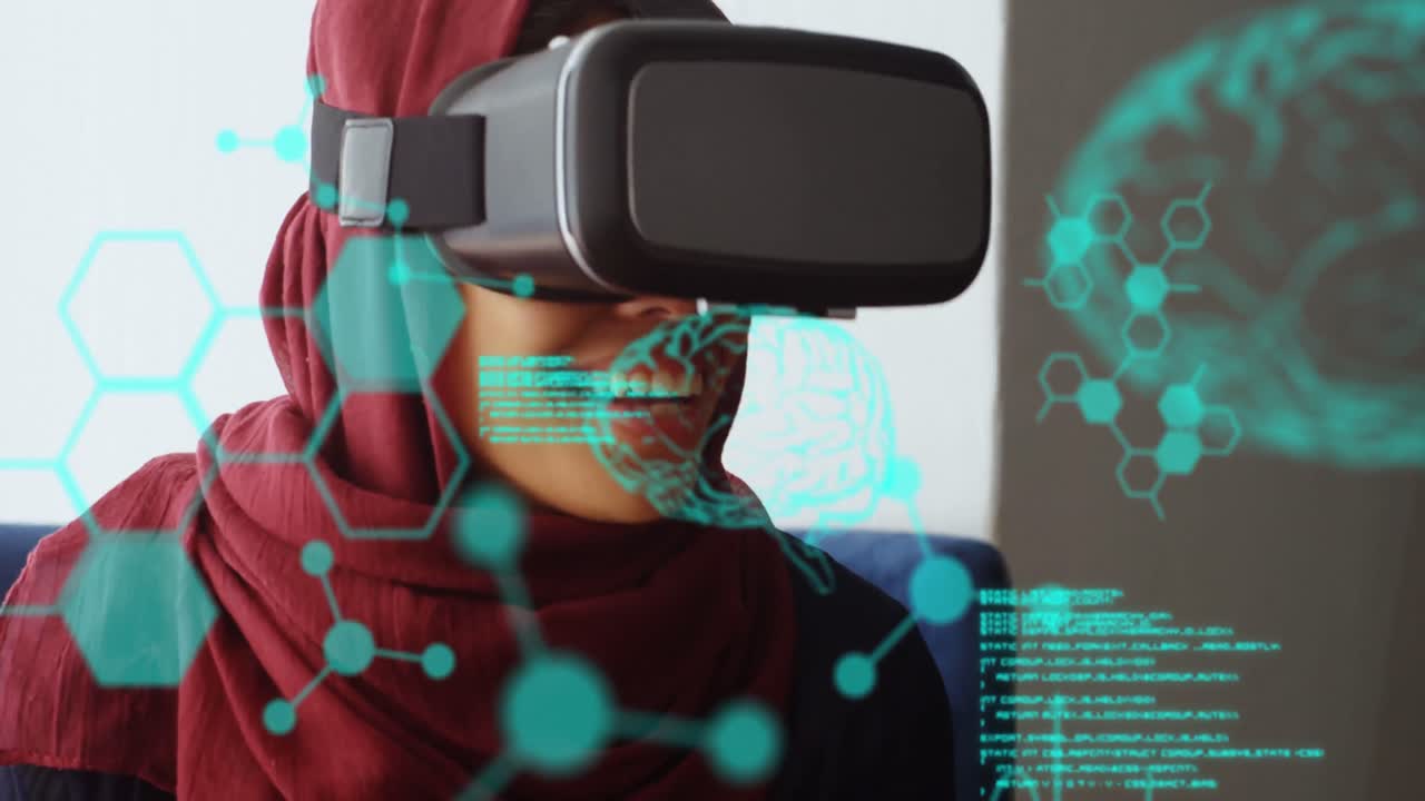 Scientific data with woman wearing VR headset in a background 4k